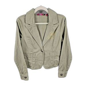 Denim Girls Jean Jacket Junior L Green Pockets Art Boho Y2K Army Green